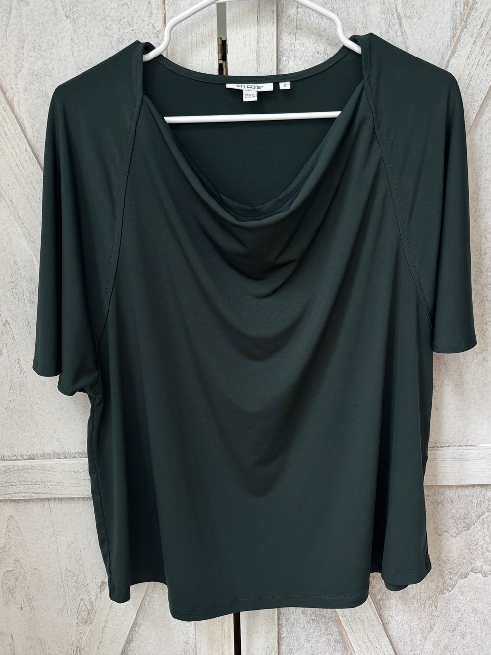 Chico’s Cowl Neck Top Women’s XL Green Stretch Short Sleeve Office Classic